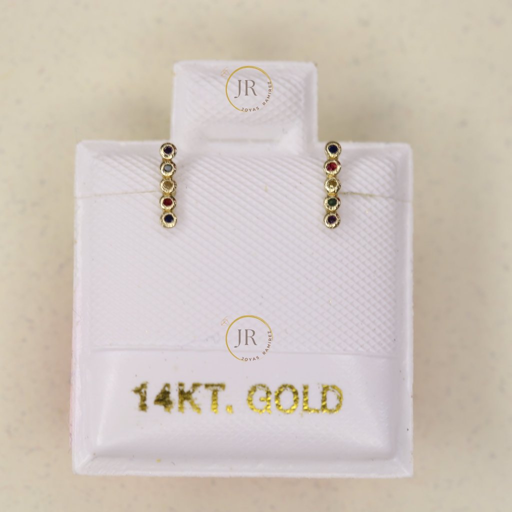 14k Solid Gold Vertical Rainbow Stud Earrings Colorful Screw Back Jewelry.